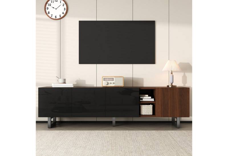 KLAM HOME Lowboard Modernes Lowboard Mit Vier Türen Und Vintage Holzmaserung (180cm TV Schrank In Schwarz Mit Hochglanzfront), Stabiles TV Möbel Mit Grifflosem Design von KLAM HOME