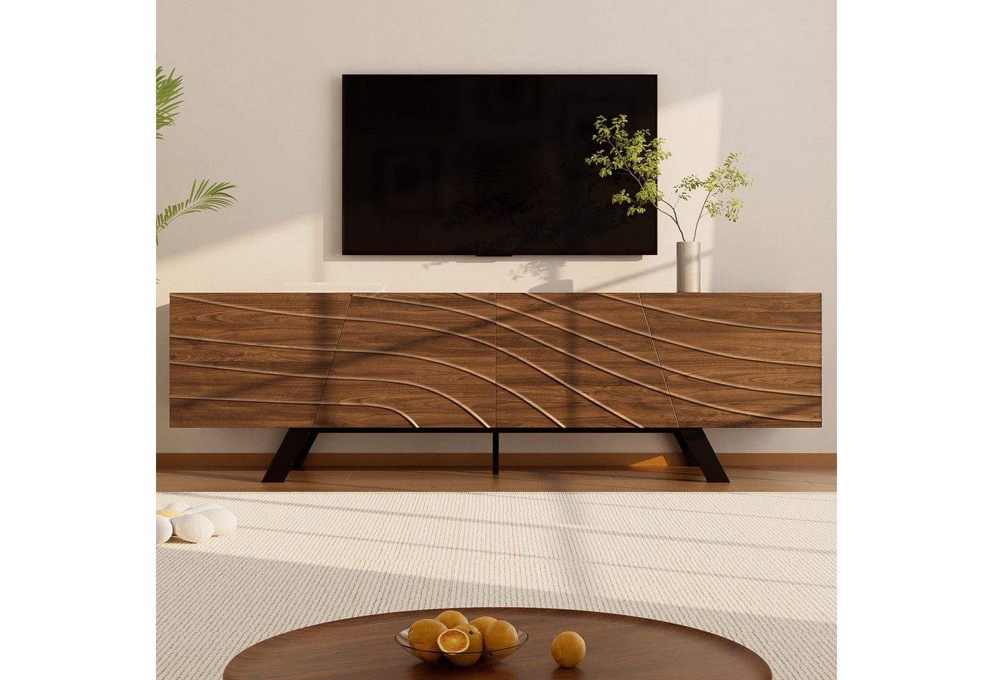KLAM HOME Lowboard Modernes Lowboard Mit Wellenfront Im Walnuss Design (160cm TV Schrank Mit Stabilem Eisengestell Und Großem Stauraum), TV Möbel Mit Integriertem Kabelmanagement von KLAM HOME