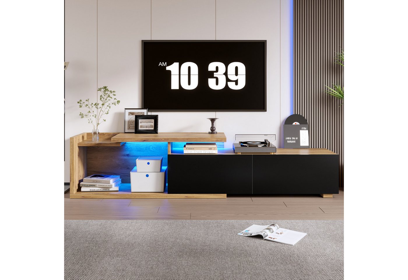 KLAM HOME Lowboard Modularer TV-Schrank mit LED-Beleuchtung und bewegbarem Modul (Flexibles 2-in-1 Design mit individuell kombinierbaren Elementen), Bis zu 2 Meter ausziehbar für maximale Raumflexibilität und Stauraum von KLAM HOME