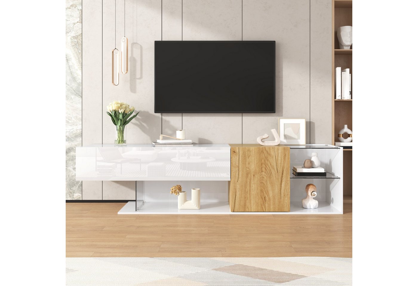 KLAM HOME Lowboard TV-Kommode Hochglanzweiß: Mit Holzoptik & Glasregalen (180cm TV-Schrank: Minimalistisch & hochwertig), Moderne Aufbewahrung: Elegant & funktional von KLAM HOME