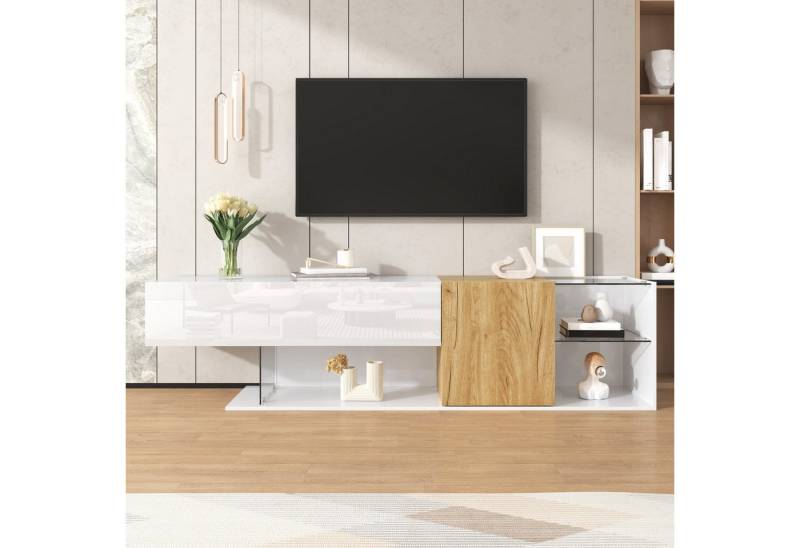 KLAM HOME Lowboard TV-Kommode Hochglanzweiß: Mit Holzoptik & Glasregalen (180cm TV-Schrank: Minimalistisch & hochwertig), Moderne Aufbewahrung: Elegant & funktional von KLAM HOME