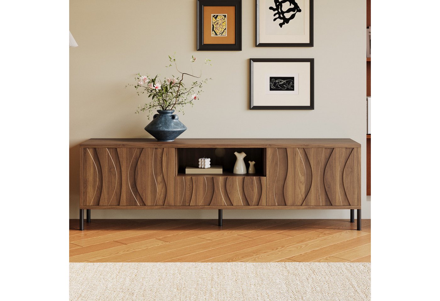 KLAM HOME Lowboard TV Lowboard mit Wellenfront Design in Naturoptik (Moderner TV-Schrank mit 3 Türen und offenem Regal), Integriertes Kabelmanagement und großer Stauraum für AV-Geräte von KLAM HOME