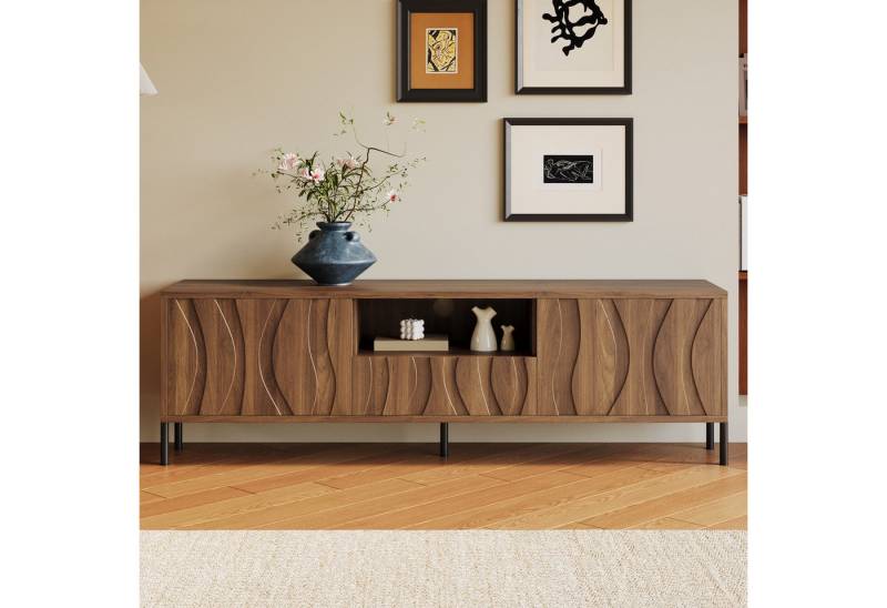 KLAM HOME Lowboard TV Lowboard mit Wellenfront Design in Naturoptik (Moderner TV-Schrank mit 3 Türen und offenem Regal), Integriertes Kabelmanagement und großer Stauraum für AV-Geräte von KLAM HOME