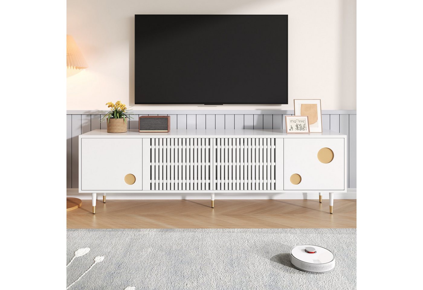 KLAM HOME Lowboard TV-Schrank, TV-Möbel mit Gitterstruktur, versteckten Griffen, Golddekor. Wohnzimmermöbel. Zwei Türen aus Massivholz von KLAM HOME