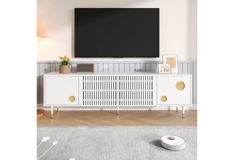 KLAM HOME Lowboard TV-Schrank, TV-Möbel mit Gitterstruktur, versteckten Griffen, Golddekor. Wohnzimmermöbel. Zwei Türen aus Massivholz von KLAM HOME