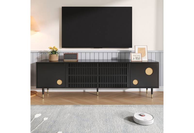 KLAM HOME Lowboard TV-Schrank, TV-Möbel mit Gitterstruktur, versteckten Griffen, Golddekor. Wohnzimmermöbel. Zwei Türen aus Massivholz von KLAM HOME