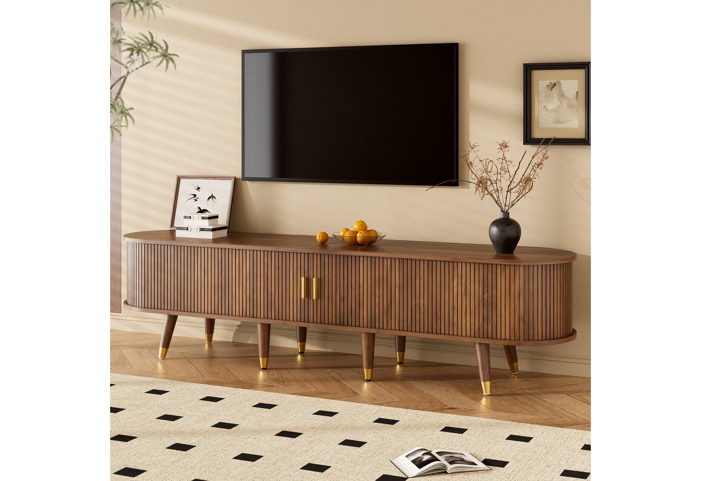 KLAM HOME Lowboard TV-Schrank 175 cm mit Rattan-Schiebetür, Walnussoptik & viel Stauraum (mit Schubladen & Schrank – natürliches Design), Landhausstil Fernsehtisch aus MDF mit offenen Fächern von KLAM HOME