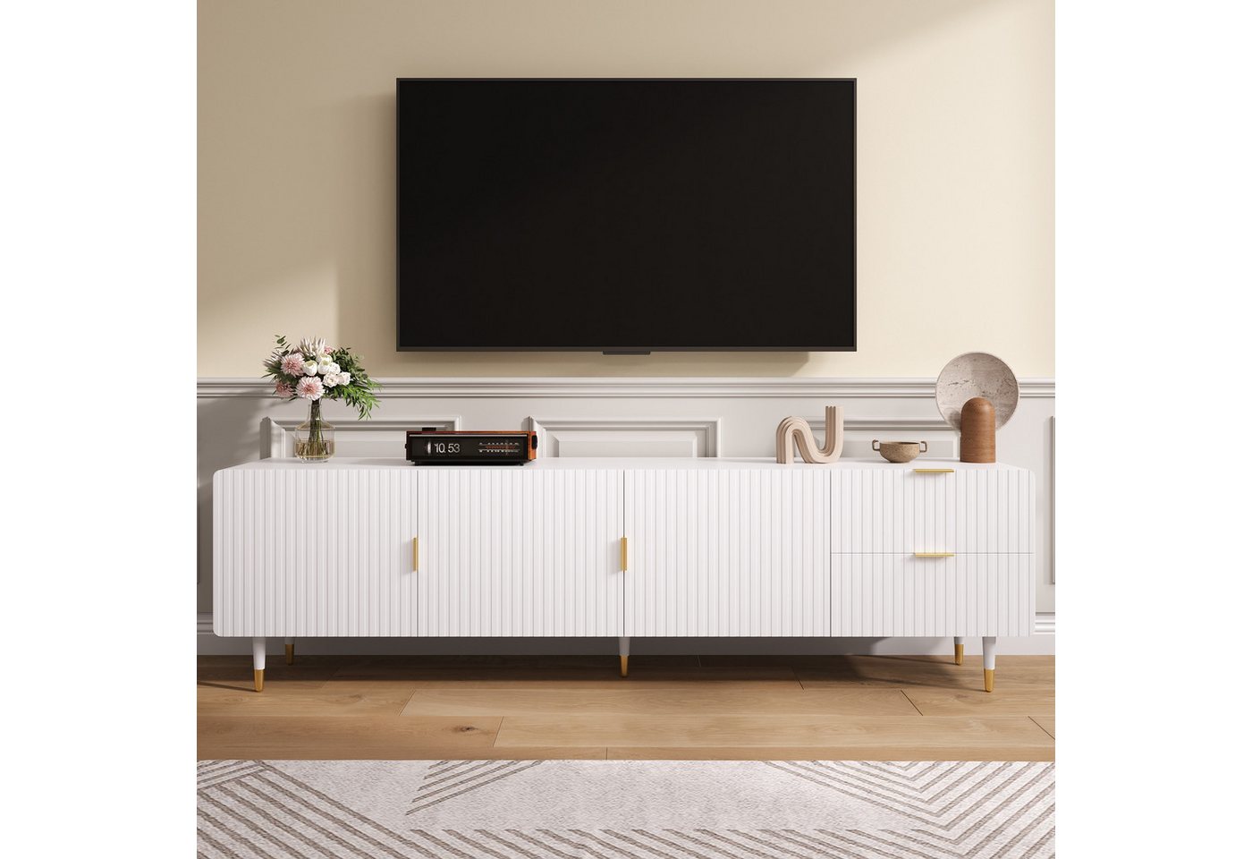KLAM HOME Lowboard TV-Schrank mit Schubladen, TV-Möbel mit goldenen Griffen, 170*36*55cm, goldenen Beinen und verstellbaren Füßen, Türen mit Regalen von KLAM HOME