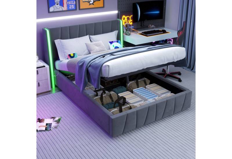 KLAM HOME Polsterbett 140 x 200 cm moderner Bettrahmen, Samtstoff, mit USB-Anschluss (Doppelbett mit LED-Silikon-Lichtleisten, Stauraum & Hydrauliksystem, Doppelbett mit LED-Silikon-Lichtleisten, Stauraum & Hydrauliksystem), für Schlafzimmer, junge Erwachsene und Familien, Ohne Matratze von KLAM HOME