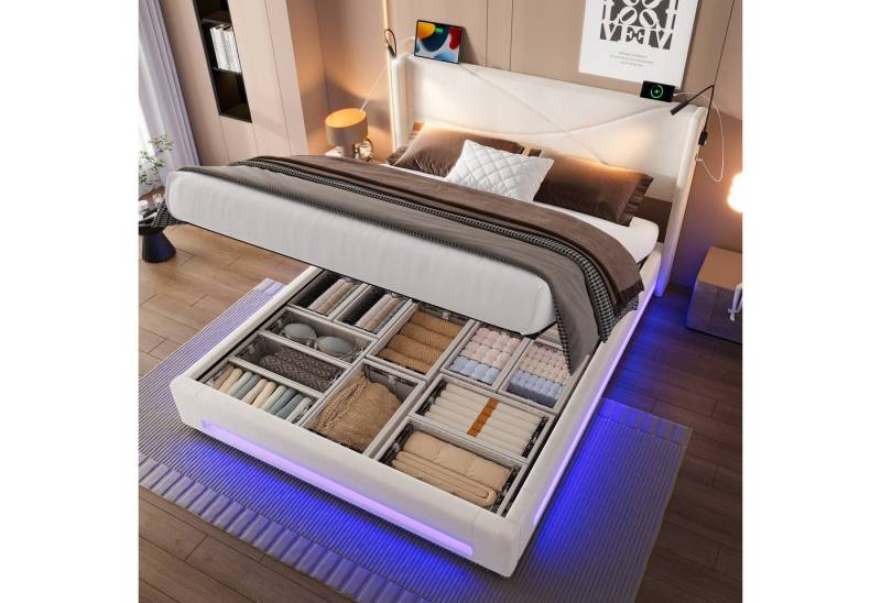 KLAM HOME Polsterbett 140x200 cm Bettgestell mit 2 Leselichtern und hydraulischem Stauraum, Doppelbett mit LED-Lichtleisten, USB-Anschlüssen und Belastbarkeit KLAM HOME Polsterbett 140x200 cm Bettgestell mit 2 Leselichtern und hydraulischem Stauraum, Doppelbett mit LED-Lichtleisten, USB-Anschlüssen und Belastbarkeit von KLAM HOME