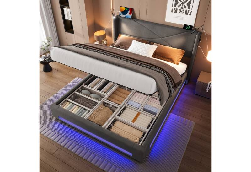 KLAM HOME Polsterbett 140x200 cm Bettgestell mit 2 Leselichtern und hydraulischem Stauraum, Doppelbett mit LED-Lichtleisten, USB-Anschlüssen und Belastbarkeit von KLAM HOME
