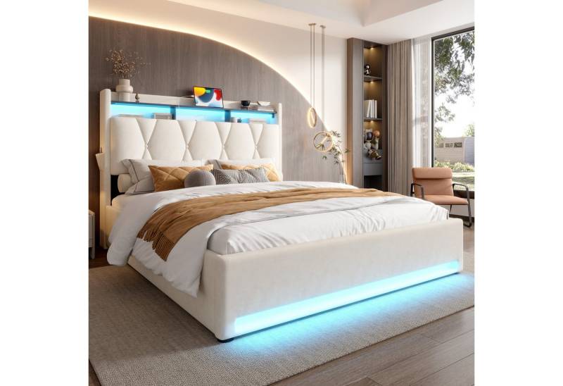 KLAM HOME Polsterbett 140x200 & 160x200 cm mit Lattenrost und weichem Bezug, USB Type-C Ladefunktion Stauraum mit klappfunktion, Stauraum-Kopfteil von KLAM HOME
