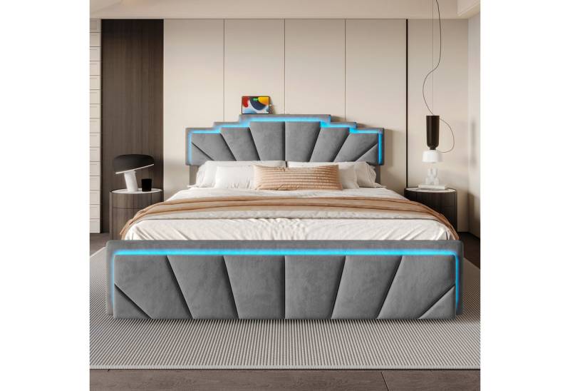KLAM HOME Polsterbett 140×200cm Stauraumbett 2-facher Höhenverstellung mit 4 schubladen, Doppelbett mit Stauraum & USB Type-C Anschlüsse & LED-Lichtleisten von KLAM HOME