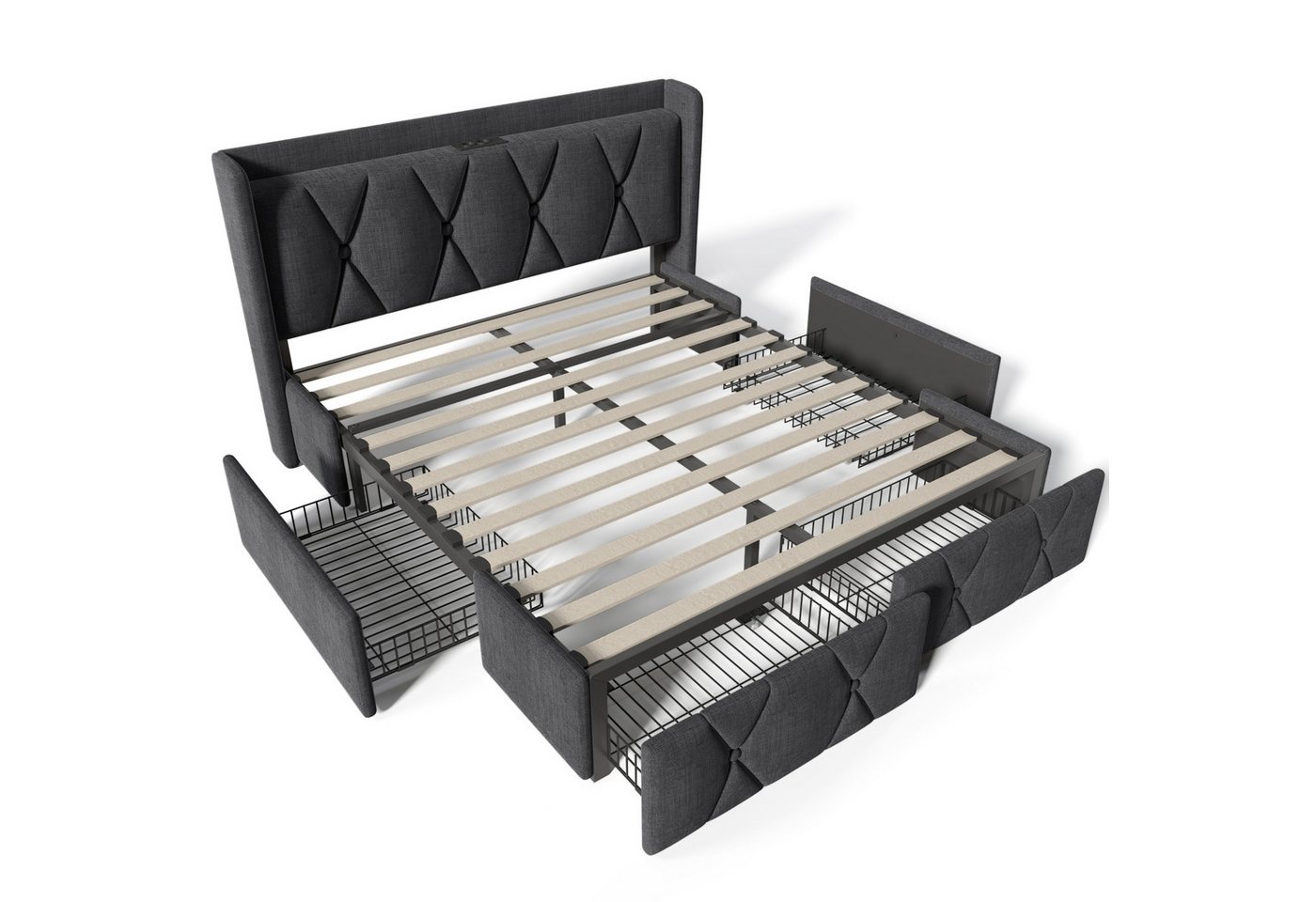 KLAM HOME Polsterbett Bettgestell Doppelbett Stauraumbett Continentalbett (mit aufladen USB Ladefunktion Kopfteil und 4 Schubladen), für 1-2 Personen für Erwachsene Jugendliche und Kinder von KLAM HOME