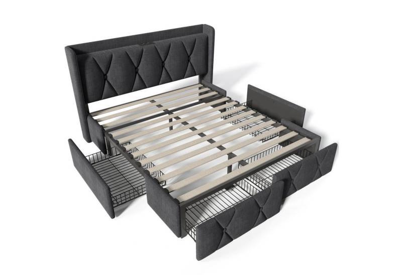 KLAM HOME Polsterbett Bettgestell Doppelbett Stauraumbett Continentalbett (mit aufladen USB Ladefunktion Kopfteil und 4 Schubladen), für 1-2 Personen für Erwachsene Jugendliche und Kinder von KLAM HOME