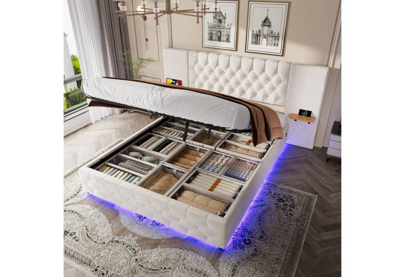 KLAM HOME Polsterbett Doppelbett Bettgestell mit lattenrost, USB-Anschluss, und Stauraum (Stauraumbett mit hydraulischem Hebesystem 140x200 cm Ohne Matratze), Ideal für Schlafzimmer und komfortablen Schlaf von KLAM HOME