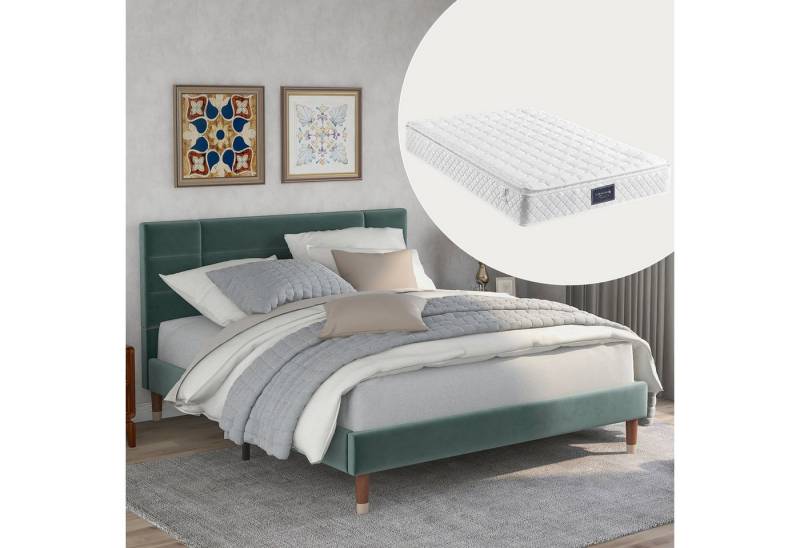 KLAM HOME Polsterbett Doppelbett Einzelbett Continentalbett mit 8 cm dickes Kopfteil (Samtbett 140*200cm mit Federbettrahmen), 140x200cm Mit Federkernmatratze von KLAM HOME