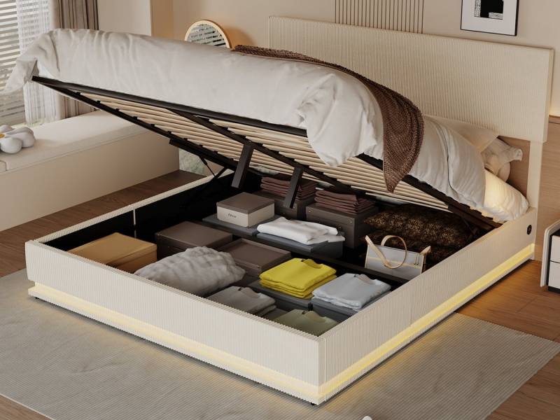 KLAM HOME Polsterbett Doppelbett Stauraumbett mit Stauraum 140/160/180x200cm (mit LED-Bettrahmen und USB-Ladefunktion), Samt bettrahmen mit flachem Nudelrahmen von KLAM HOME