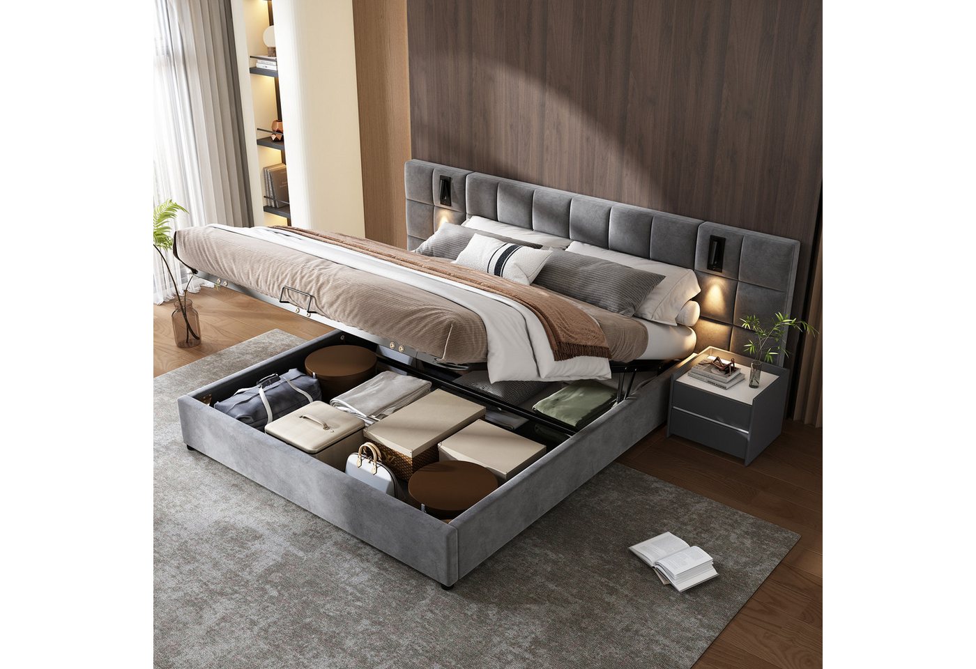 KLAM HOME Polsterbett Doppelbett mit richtungsabhängige Lampe und USB-Aufladung,180*200cm (Breites und Schaumstoffgefülltes Kopfteil, Schachbrettmuster), Hydraulisch Stauraumbett, aus Stahlrahmen von KLAM HOME