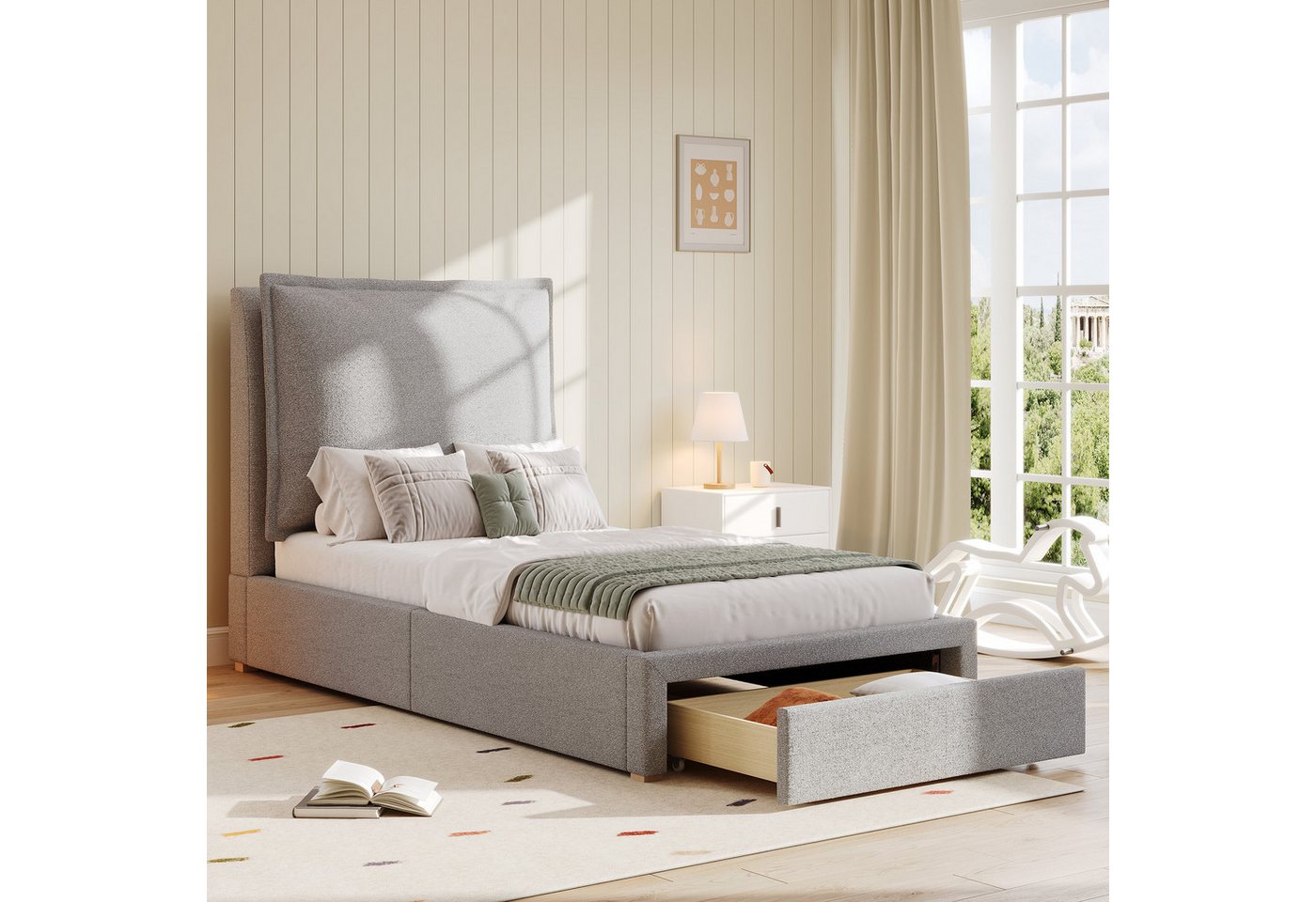 KLAM HOME Polsterbett Einzelbett Funktionsbett 90x200 mit Lattenrost (Kinderbett mit Stauraum und gepolstertem Kopfteil), Chenille Bezug grau für Jugendzimmer und Gästezimmer von KLAM HOME
