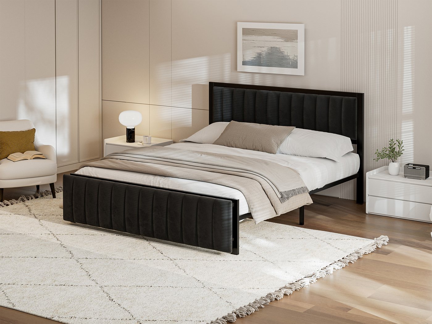KLAM HOME Polsterbett Metallbett 140/160x200-cm mit klappbarer 39cm Endbank mit Stauraum (Jugendbett Doppelbett Samt Bettgestell aus Eisen), für Jugendliche und Erwachsene von KLAM HOME