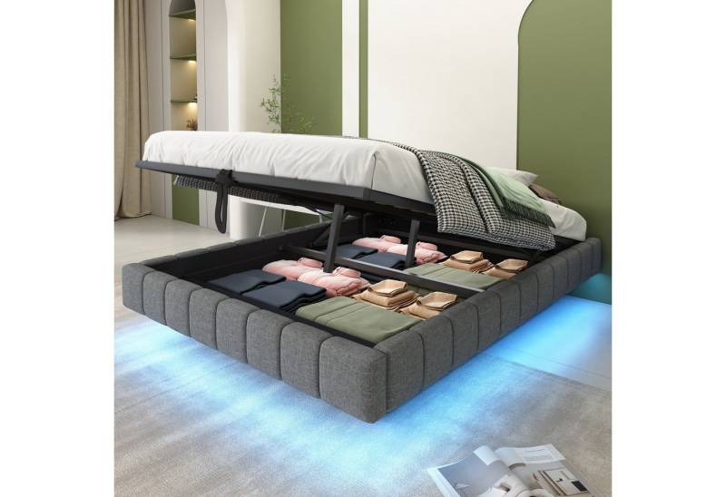 KLAM HOME Polsterbett Polsterbett 140x200 cm, Hydraulischer Schwebebettrahmen mit Stauraum (Multifunktionales Polsterbett ohne Kopfteil mit LED-Licht, Leinen), Perfekt für Schlafzimmer und moderne Wohnräume, ohne Matratze von KLAM HOME