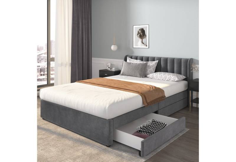 KLAM HOME Polsterbett Samt Einzelbett Doppelbett Stauraumbett Continentalbett (Mit Lattenrost Rückenlehne 2 Schubladen 160*200cm), Schublade auf Rollen von KLAM HOME