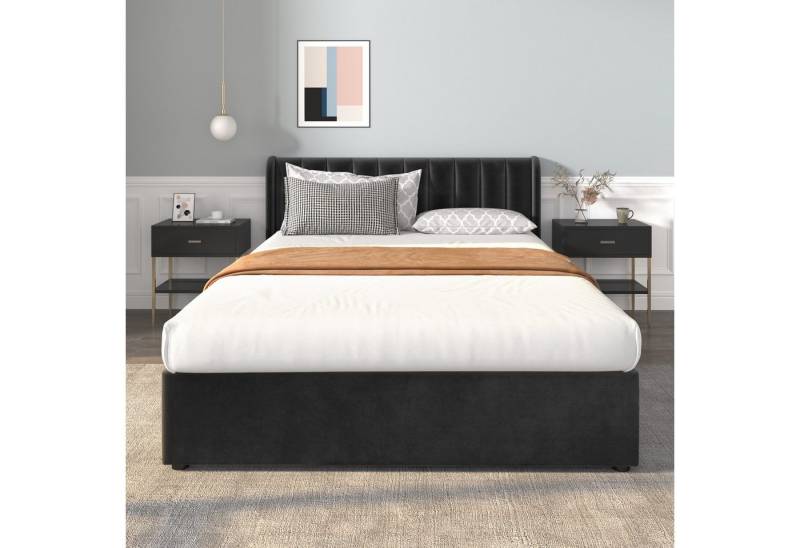 KLAM HOME Polsterbett Samt Einzelbett Doppelbett Stauraumbett Continentalbett (Mit Lattenrost Rückenlehne 2 Schubladen 160*200cm), Schublade auf Rollen von KLAM HOME