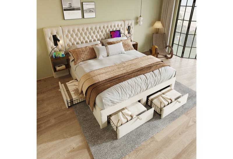 KLAM HOME Polsterbett Schlafzimmer Komplettset mit Polsterbett 160/180x200 cm (Inklusive 2 Nachttischen und 4 Schubladen, Samt (Ohne Matratze), Modernes Doppelbett mit USB-Ladefunktion und Samtbezug von KLAM HOME