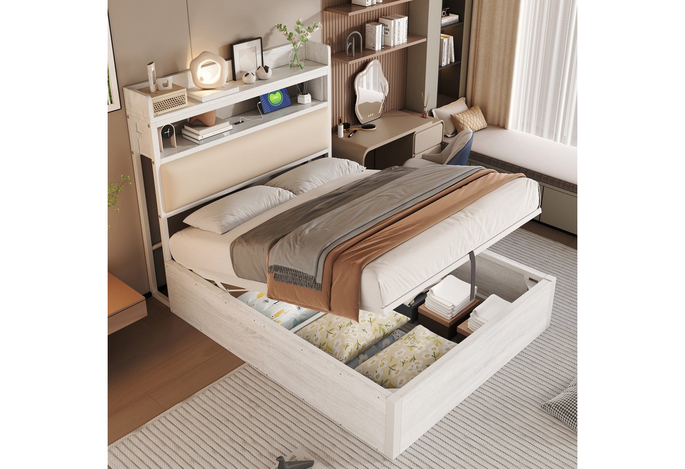 KLAM HOME Polsterbett Stauraumbett 90x200cm mit hydraulischem Hubmechanismus, USB, Stauraum (gepolstertem Kopfteil, Retro-Holz- und Metalldesign, ohne Matratze), ideal für moderne Schlafzimmer und Apartments von KLAM HOME