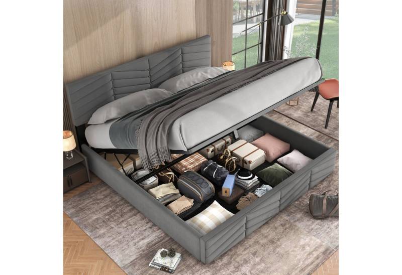 KLAM HOME Polsterbett hydraulisches Doppelbett Stauraumbett Continentalbett Samt 180 x 200cm (Ohne Matratze), Streifen-Stil von KLAM HOME