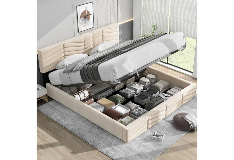 KLAM HOME Polsterbett hydraulisches Doppelbett Stauraumbett Continentalbett Samt 180 x 200cm (Ohne Matratze), Streifen-Stil von KLAM HOME