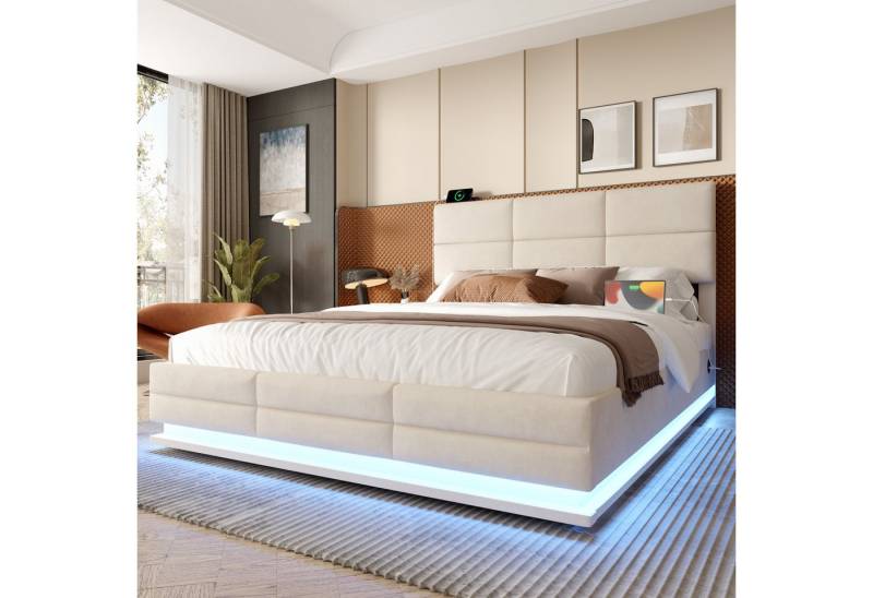 KLAM HOME Polsterbett verfügbar 90x200 140x200 160x200 180x200cm (LED-Ambientebeleuchtung USB/Type-C-Anschlüss), Bettrahmen, Bett mit höhenverstellbarem Kopfteil von KLAM HOME