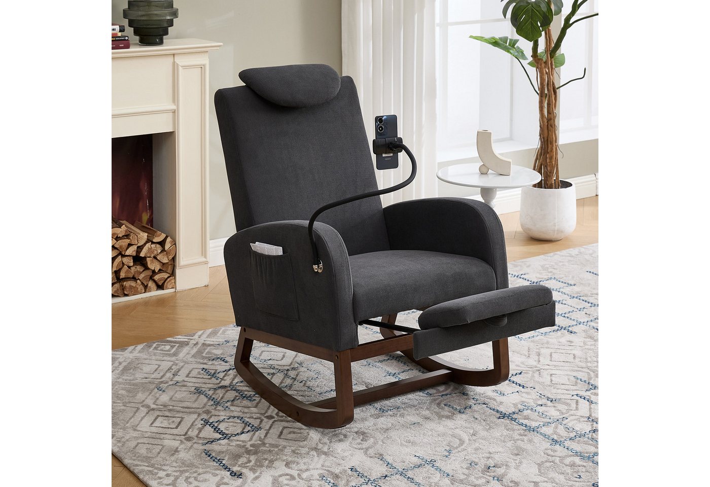 KLAM HOME Schaukelstuhl Bequemer Multifunktions-Schaukelstuhl mit Fußstütze und Handyhalter (Ergonomischer Relax Sessel mit hoher Rückenlehne und Seitentaschen), Stabiler Massivholz-Schaukelstuhl für Wohnzimmer und Büro von KLAM HOME