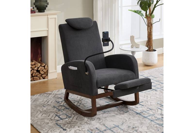 KLAM HOME Schaukelstuhl Bequemer Multifunktions-Schaukelstuhl mit Fußstütze und Handyhalter (Ergonomischer Relax Sessel mit hoher Rückenlehne und Seitentaschen), Stabiler Massivholz-Schaukelstuhl für Wohnzimmer und Büro von KLAM HOME