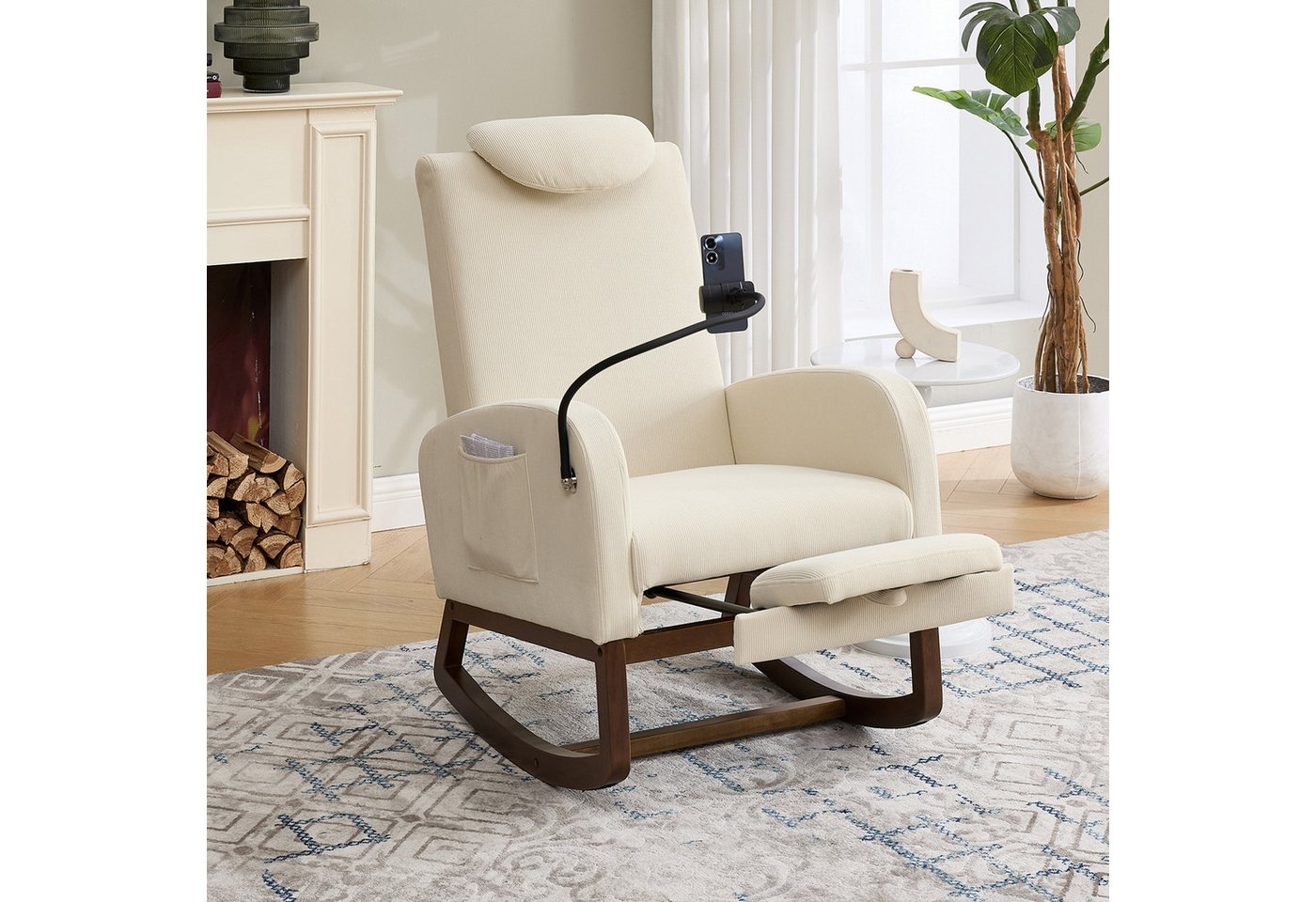 KLAM HOME Schaukelstuhl Bequemer Multifunktions-Schaukelstuhl mit Fußstütze und Handyhalter (Ergonomischer Relax Sessel mit hoher Rückenlehne und Seitentaschen), Stabiler Massivholz-Schaukelstuhl für Wohnzimmer und Büro von KLAM HOME