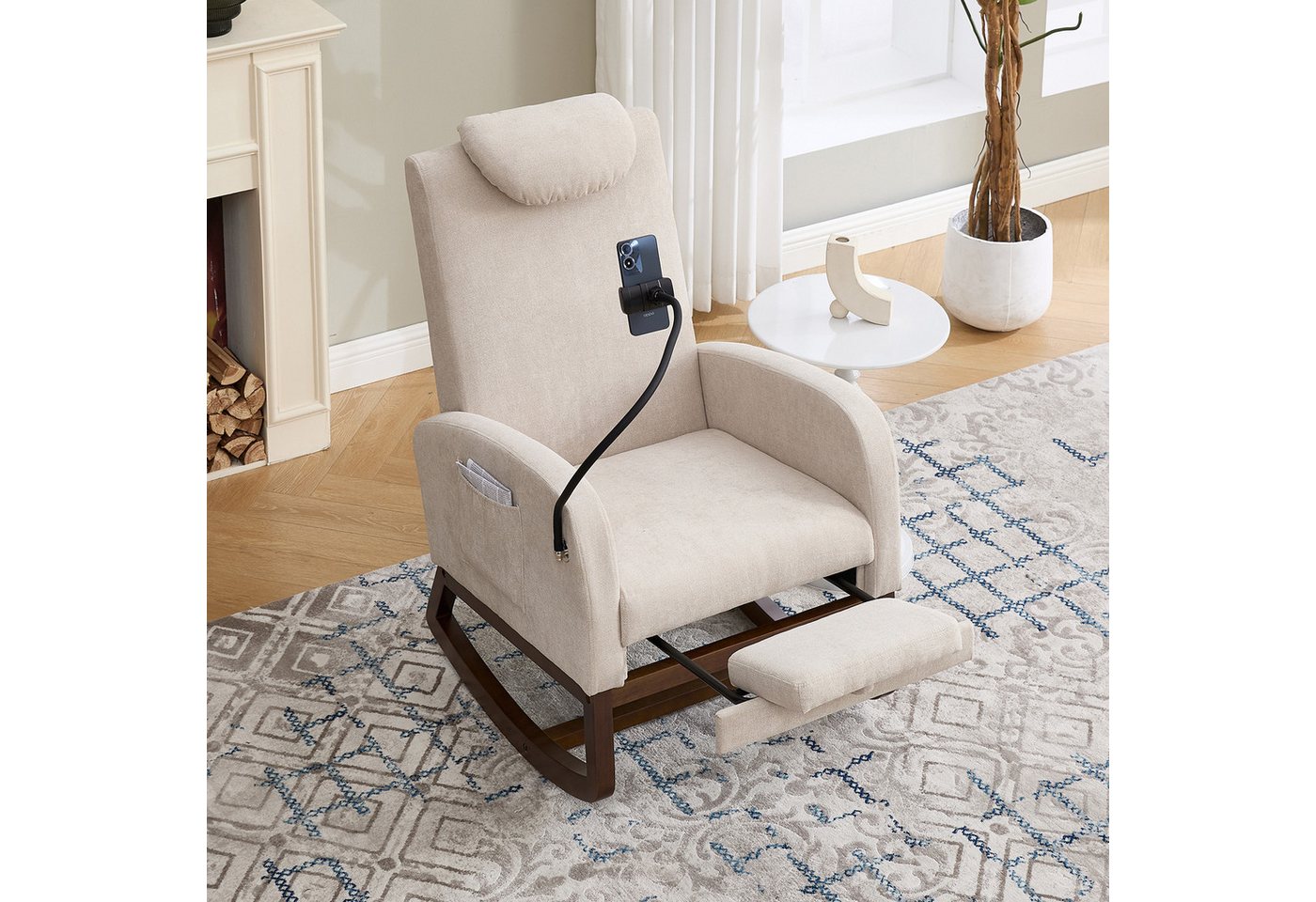 KLAM HOME Schaukelstuhl Bequemer Multifunktions-Schaukelstuhl mit Fußstütze und Handyhalter (Ergonomischer Relax Sessel mit hoher Rückenlehne und Seitentaschen), Stabiler Massivholz-Schaukelstuhl für Wohnzimmer und Büro von KLAM HOME