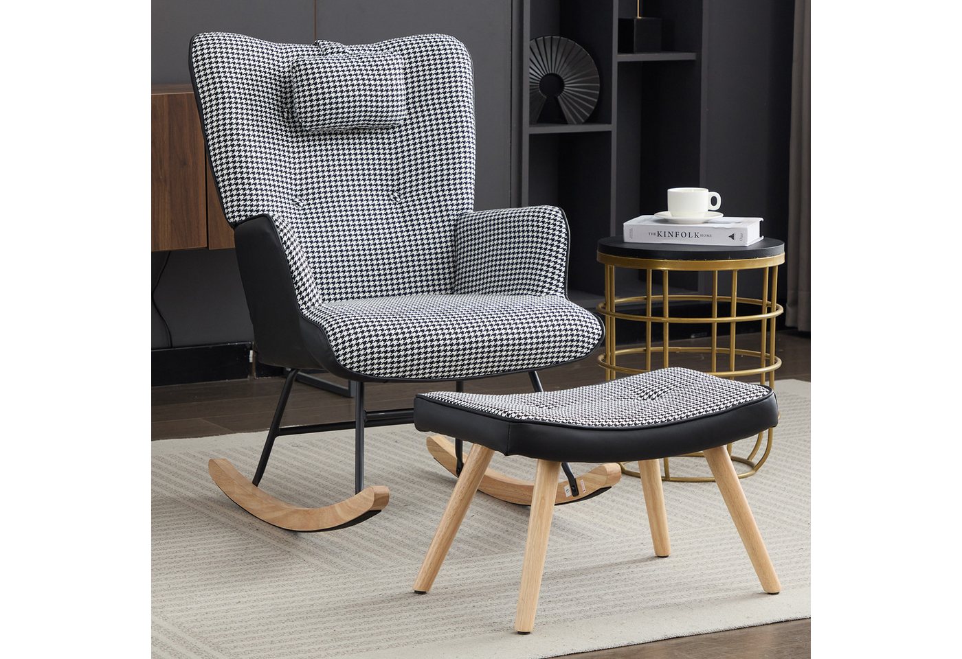 KLAM HOME Schaukelstuhl Chippendale Muster Schaukelstuhl mit Seitentasche Schaukelstuhl (Hohe Elastizität Schaumstoffkissen mit Fußstütze und Kopfstütze), Wohnzimmer Sessel, kariert Schlafzimmer Sessel von KLAM HOME