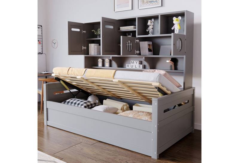 KLAM HOME Schlafsofa Holz-Schlafsofa 90 x 200 cm, multifunktionaler Stauraum, hydraulisches Bett, Einzelbett, Jugendbett, Bettgestell, für Kinder, mit Ablageböden und Bettkasten oder Schubladen von KLAM HOME