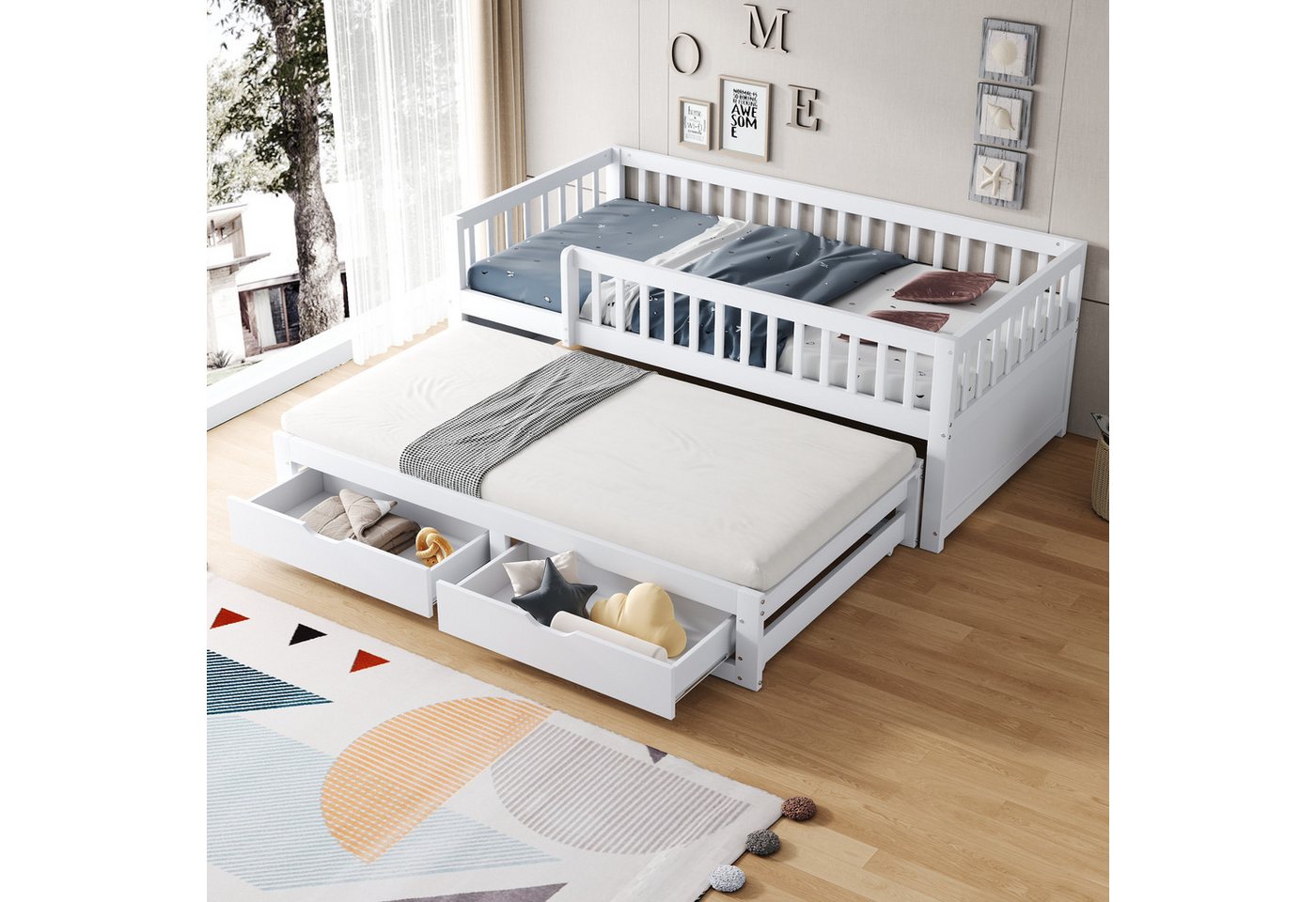 KLAM HOME Schlafsofa Massivholz-Schlafsofa 90*200 cm, Vollverkleidetes Sicherheitsgitter, Ausziehbares Bett mit 2 Schubladen Darunter, Mit Lattenrost, Kinderbett Jugendbett Gästebett Erwachsene, Weiß von KLAM HOME