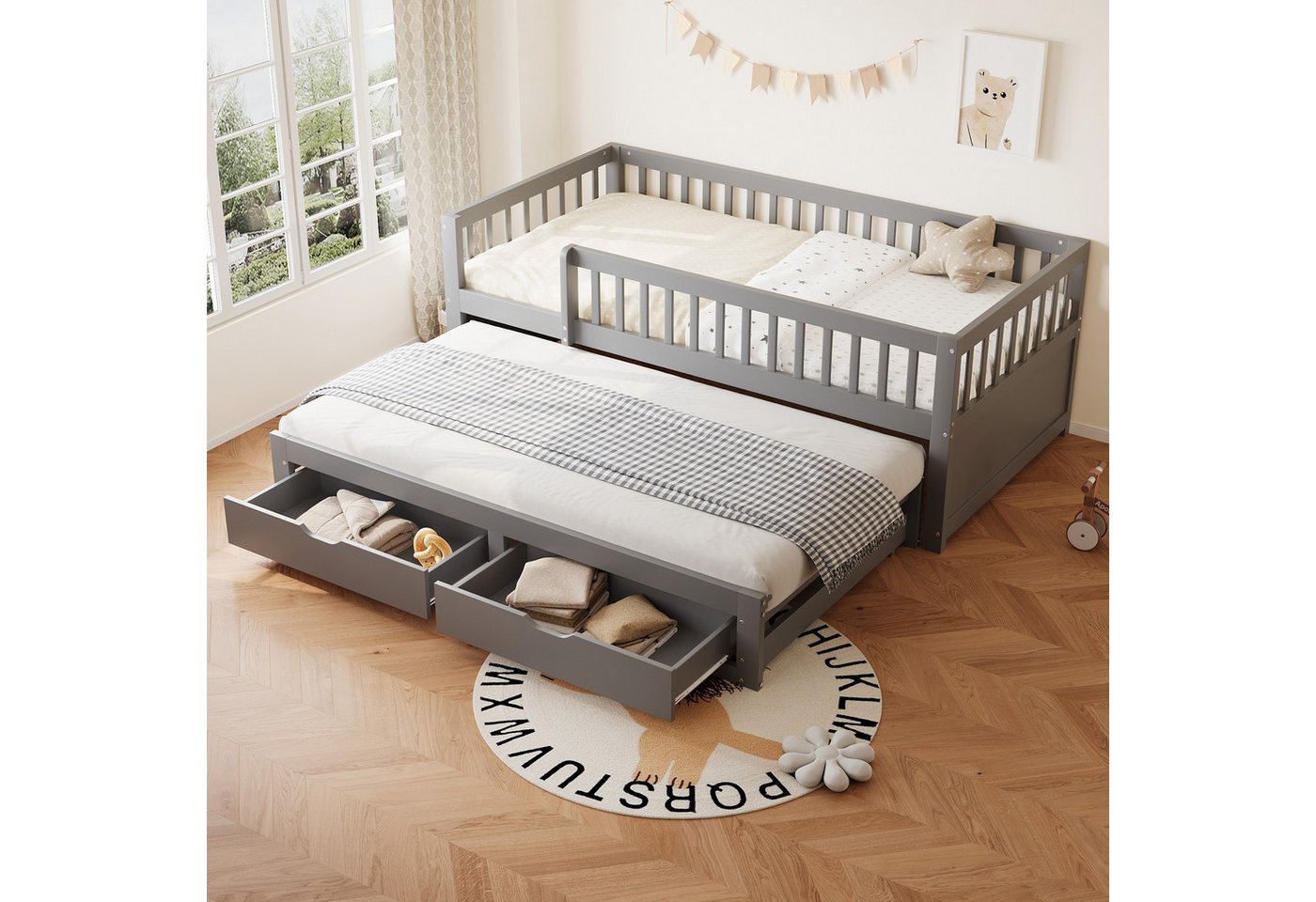KLAM HOME Schlafsofa Massivholz-Schlafsofa 90*200 cm, Vollverkleidetes Sicherheitsgitter, Ausziehbares Bett mit 2 Schubladen Darunter, Mit Lattenrost, Kinderbett Jugendbett Gästebett Erwachsene, Weiß von KLAM HOME