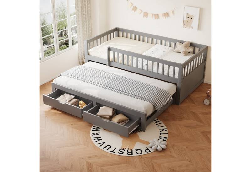 KLAM HOME Schlafsofa Massivholz-Schlafsofa 90*200 cm, Vollverkleidetes Sicherheitsgitter, Ausziehbares Bett mit 2 Schubladen Darunter, Mit Lattenrost, Kinderbett Jugendbett Gästebett Erwachsene, Weiß von KLAM HOME