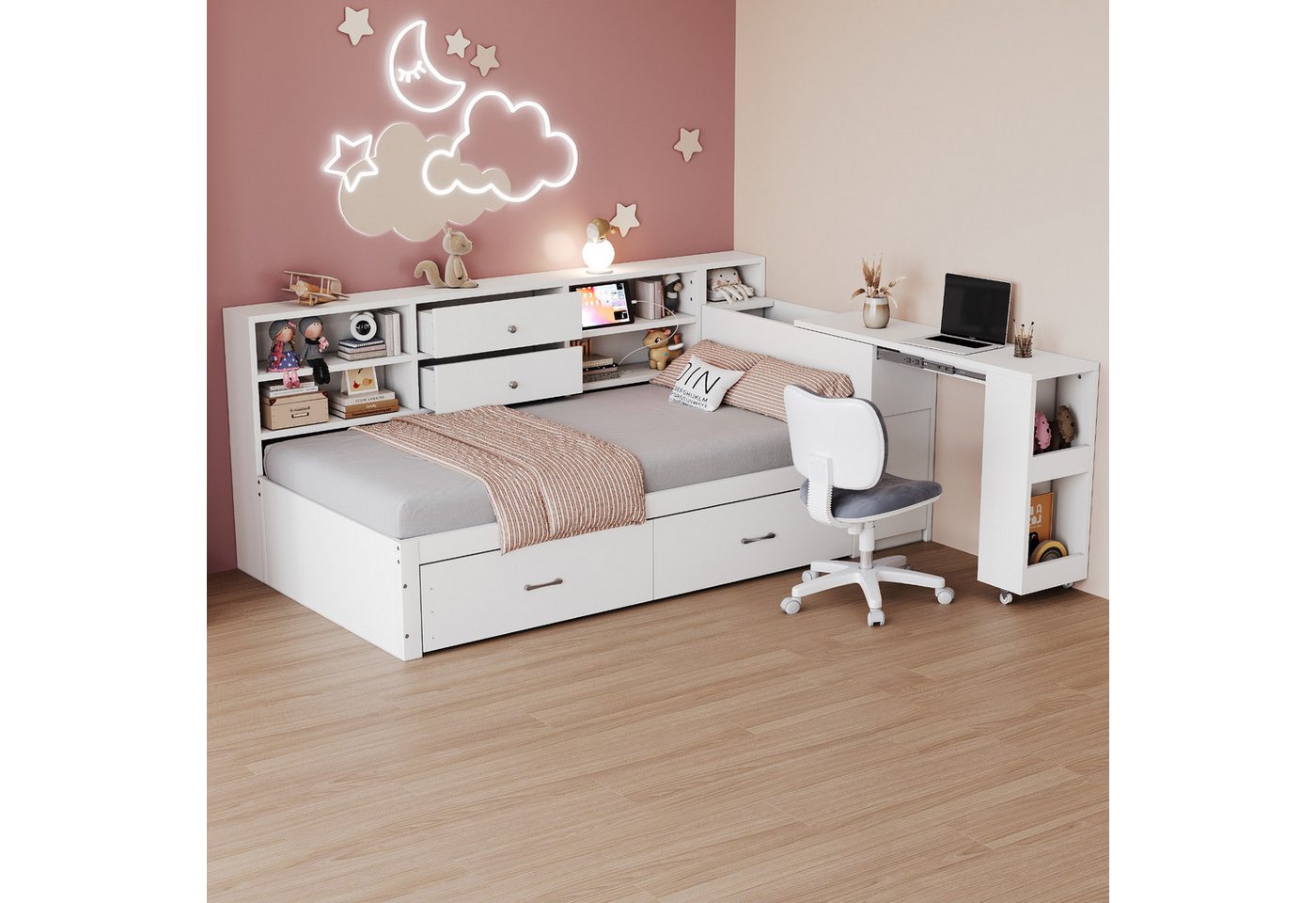 KLAM HOME Schlafsofa Schlafsofa, Einzelbett, 90x200 cm mit Stauraum & Schreibtisch, Multifunktionsbett mit USB Steckdose und 2 große Schubladen, Weißes Holzsofa Bett für Wohnung & Gästezimmer KLAM HOME Schlafsofa Schlafsofa, Einzelbett, 90x200 cm mit Stauraum & Schreibtisch, Multifunktionsbett mit USB Steckdose und 2 große Schubladen, Weißes Holzsofa Bett für Wohnung & Gästezimmer von KLAM HOME