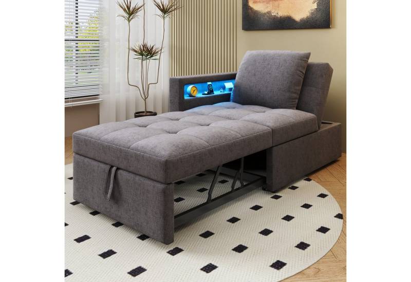 KLAM HOME Schlafsofa Schlafsofa 3-in-1 mit LED-Beleuchtung und USB-Ladestation, Multifunktionssofa aus Leinenstoff mit verstellbarer Rückenlehne, Platzsparendes Gästebett für kleine Wohnungen und Homeoffice von KLAM HOME