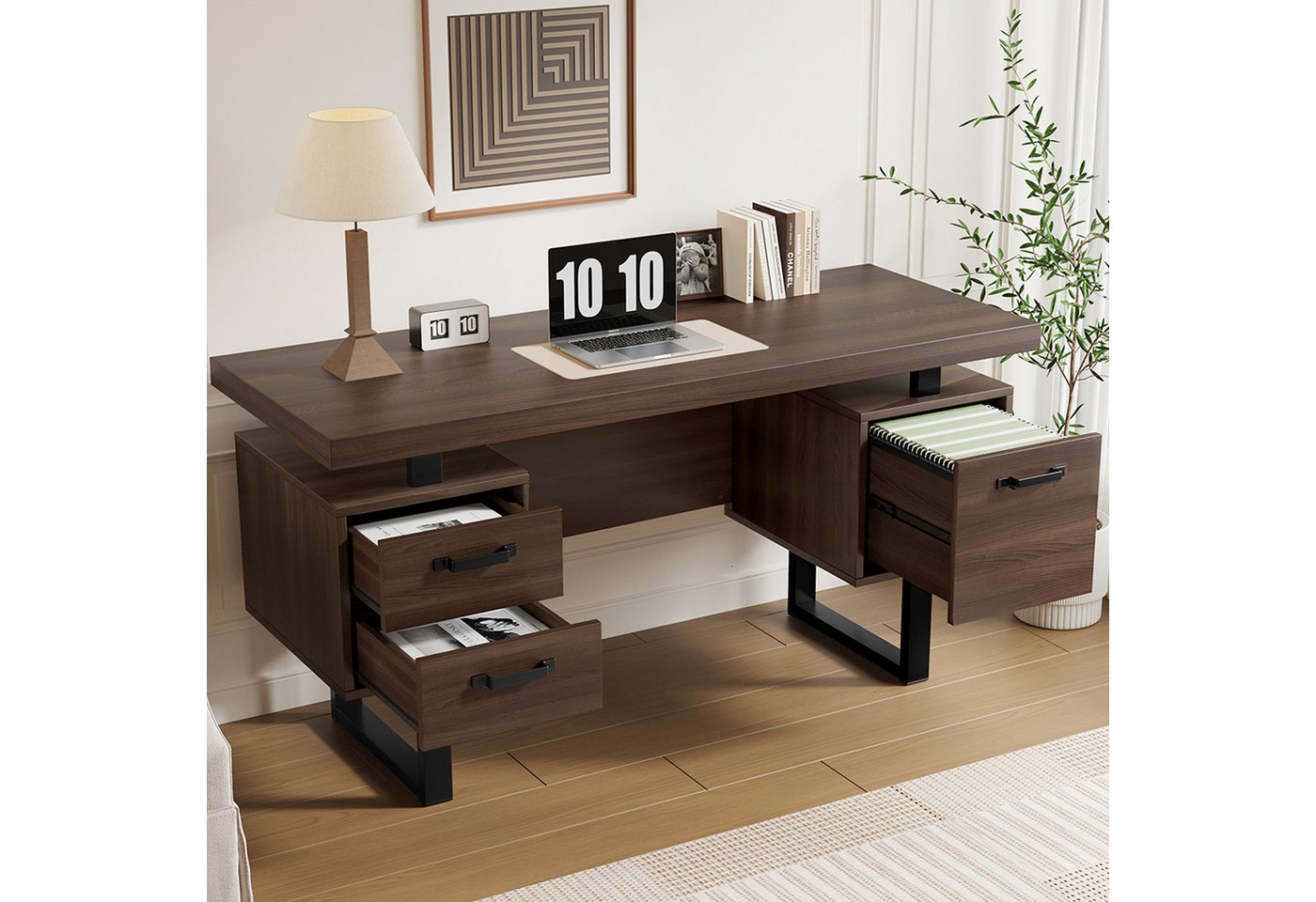 KLAM HOME Schreibtisch 135 x 54 x 76cm Einfacher Büroschreibtisch mit Schublade (Geräumige Schreibtischplatte, effiziente Aufbewahrung), MDF und hochwertiges Stahlrohr, geräuschlose Schublade von KLAM HOME