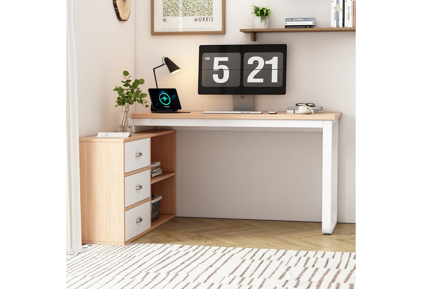 KLAM HOME Schreibtisch Schreibtisch, Büroschreibtisch, 3 Schubladen, 2 offene Ablagefächer (massives Stahlrohr, breite und dicke Tischplatte, stabile Tragfähigkeit), für Homeoffice & Büro, 147 x 100 x 75.3cm von KLAM HOME