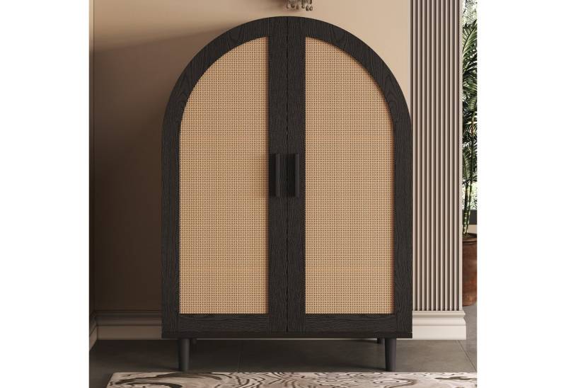 KLAM HOME Schuhschrank Elegantes Sideboard/Schuhschrank mit abgerundeter Außenseite Kommode mit durchbrochenen Rattantüren und drei Regalen von KLAM HOME