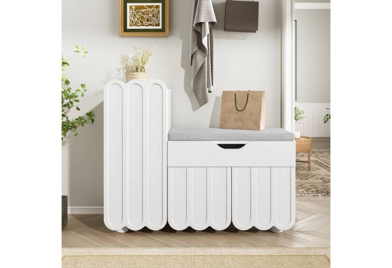KLAM HOME Schuhschrank Moderner 3-Türen-Schuhschrank mit Schublade & Sitzpolster, Weiß (Schuhschränke und Schuhbänke– Platzsparende Schuhschränke für den Flur) Stilvolle Schuhbänke für Flur und Eingangsbereich von KLAM HOME