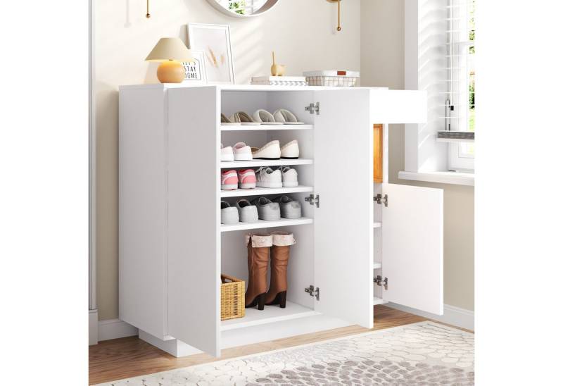 KLAM HOME Schuhschrank Moderner Schuhschrank mit LED-Beleuchtung (Schuhregal mit verstellbaren Einlegeböden und Schublade) Platz für bis zu 18 Paar Schuhe in Weiß-Natur Design von KLAM HOME