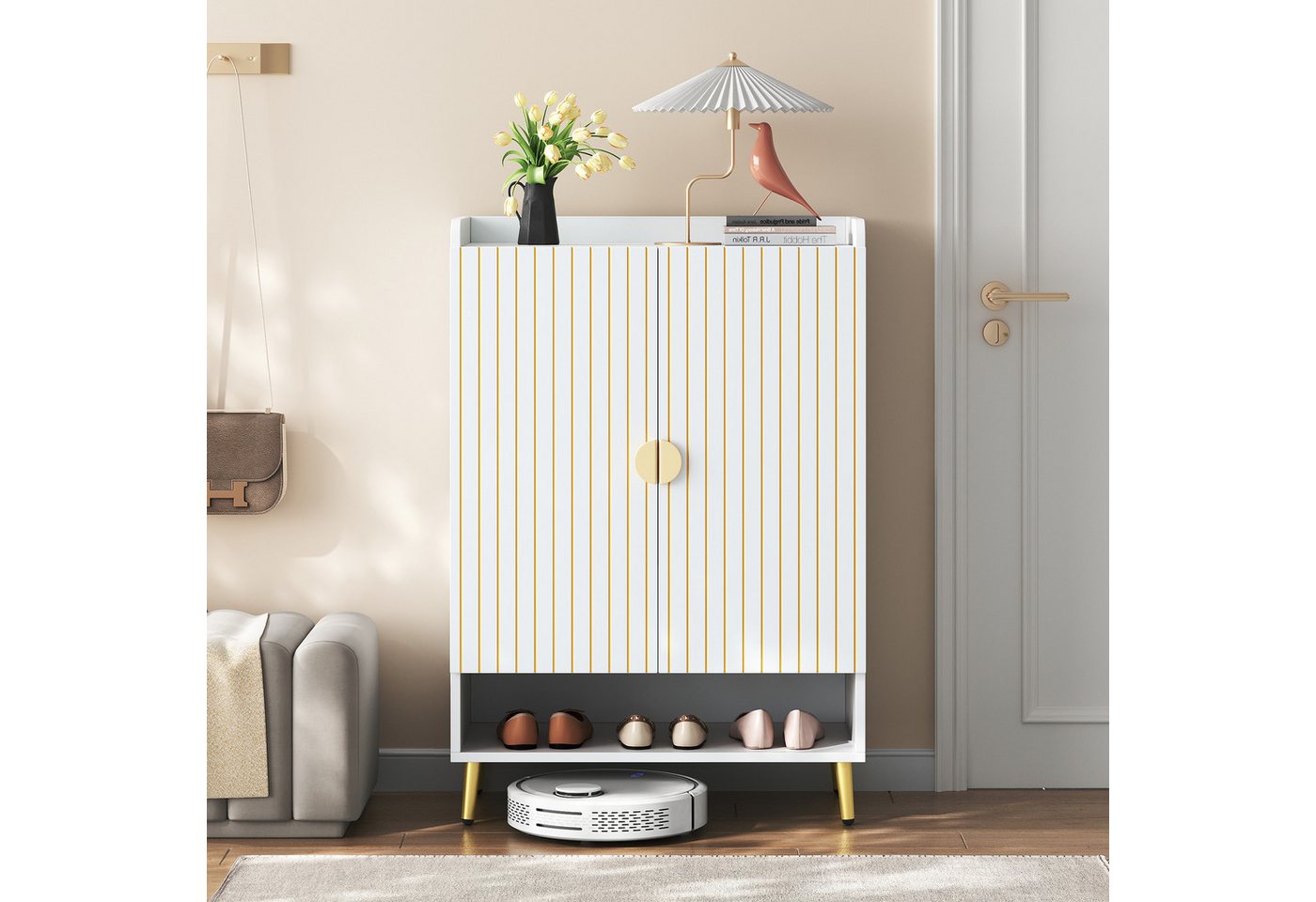 KLAM HOME Schuhschrank Moderner weißer Schuhschrank mit goldenen Metallbeinen, 75*35*110CM (MDF-Schuhschrank, 3-stufiger Schuhschrank, offene untere Schublade) Aufbewahrungsschrank mit goldfarbenen Schranktüren, Weiß von KLAM HOME